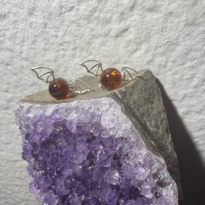 Baltic Amber Silver Wing Bat Stud Earrings